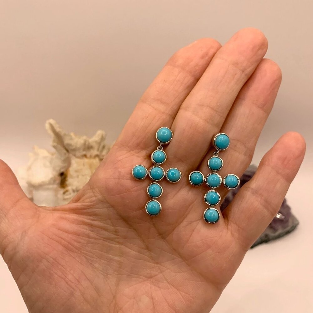 Turquoise Sterling Silver Robins Egg Blue Pierced Cross Earrings KHR 925 J876